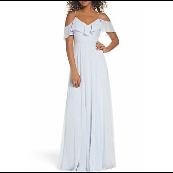 Jenny Yoo Cold Shoulder Chiffon Gown - Whisper Blue - Picture 1 of 13